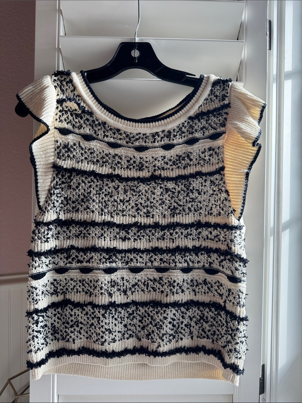 Anthropologie Cream and Black Textured Knit Sleeveless Sweater